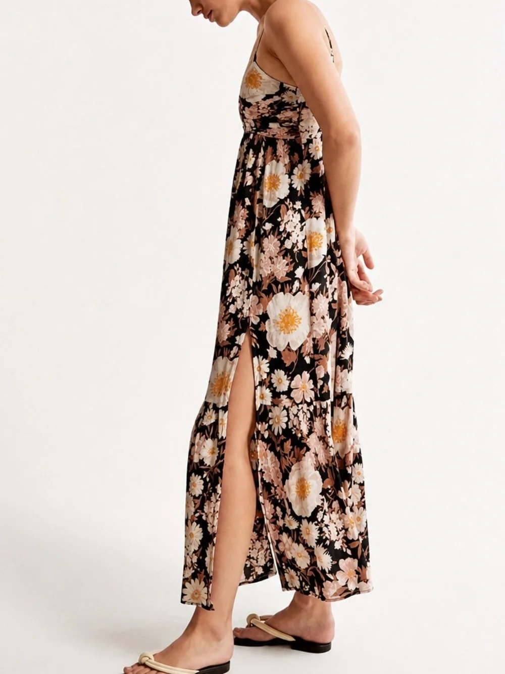 Abercrombie & Fitch Crinkle Textured Ruched Black Floral Maxi Dress - Size LT